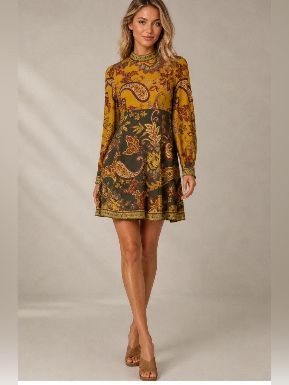 NWT Antonio Melani Paisley Print Long Sleeve Mini Dress Rayon Blend Size 8